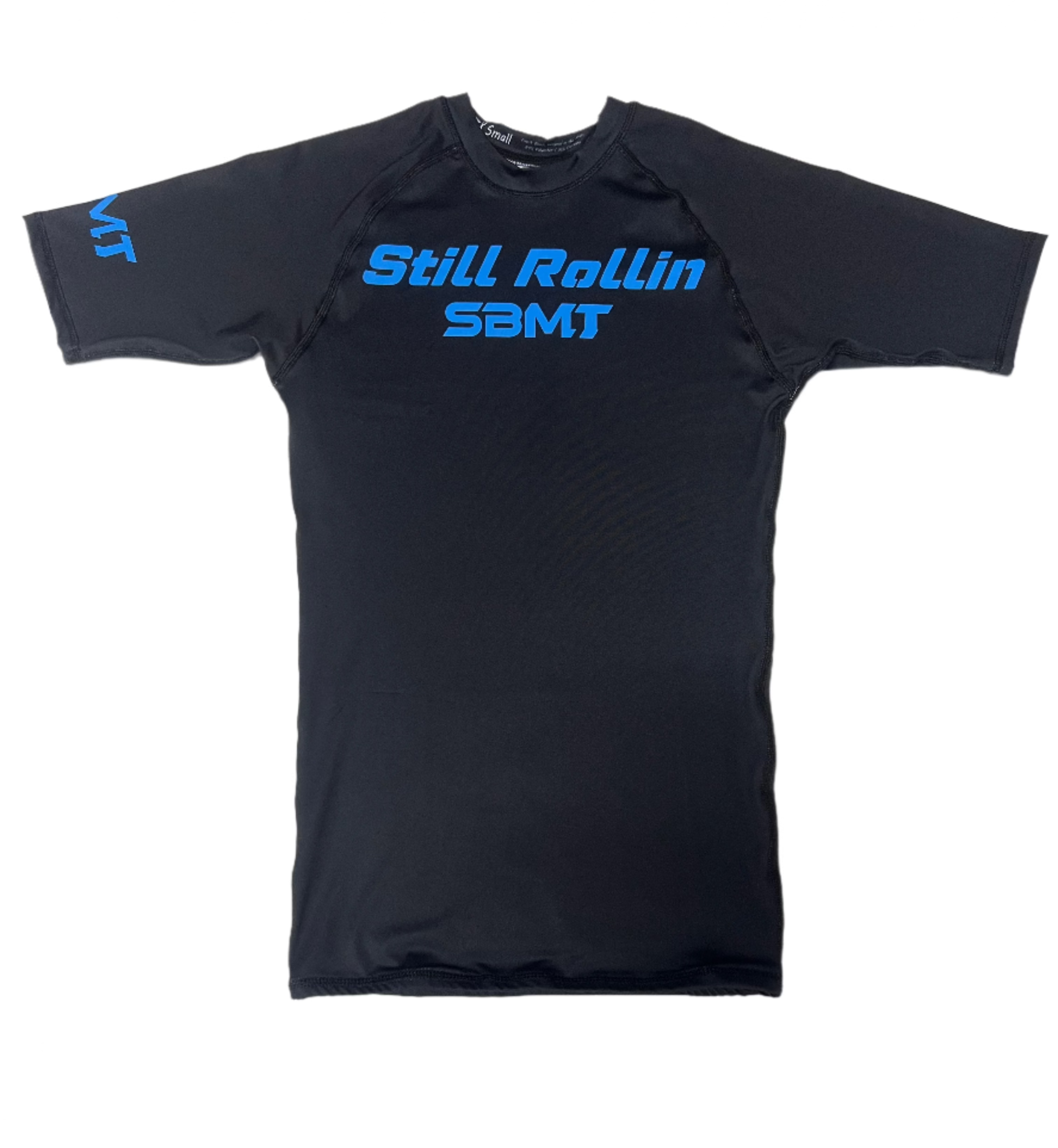 Front view of the Keep F’n Rollin rash guard featuring bold motivational artwork, perfect for no-gi wrestling, BJJ, MMA, and gym training