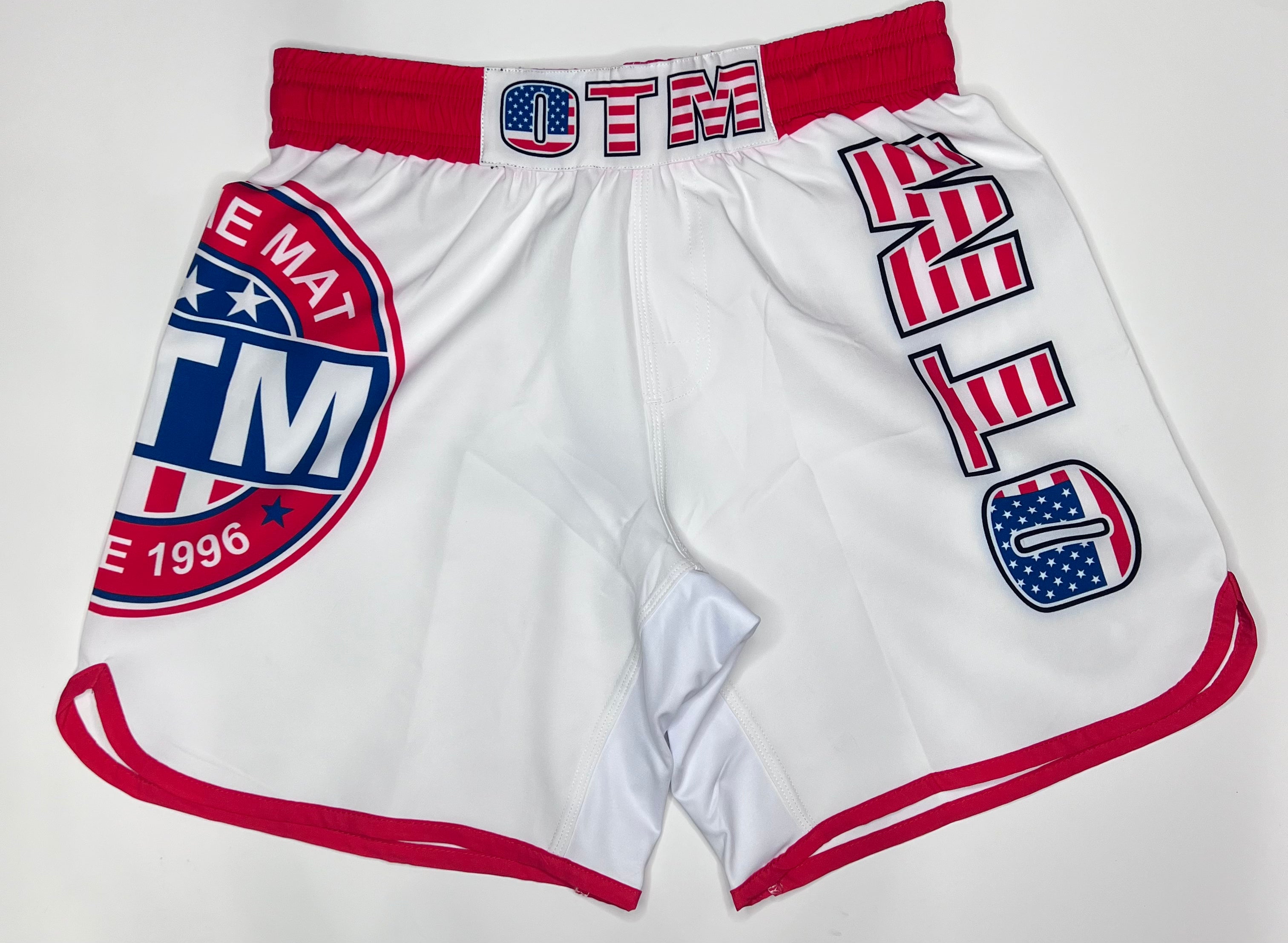 OTM USA Fight Shorts detail shot showing reinforced stitching and USA logo design for MMA and kickboxing performance.