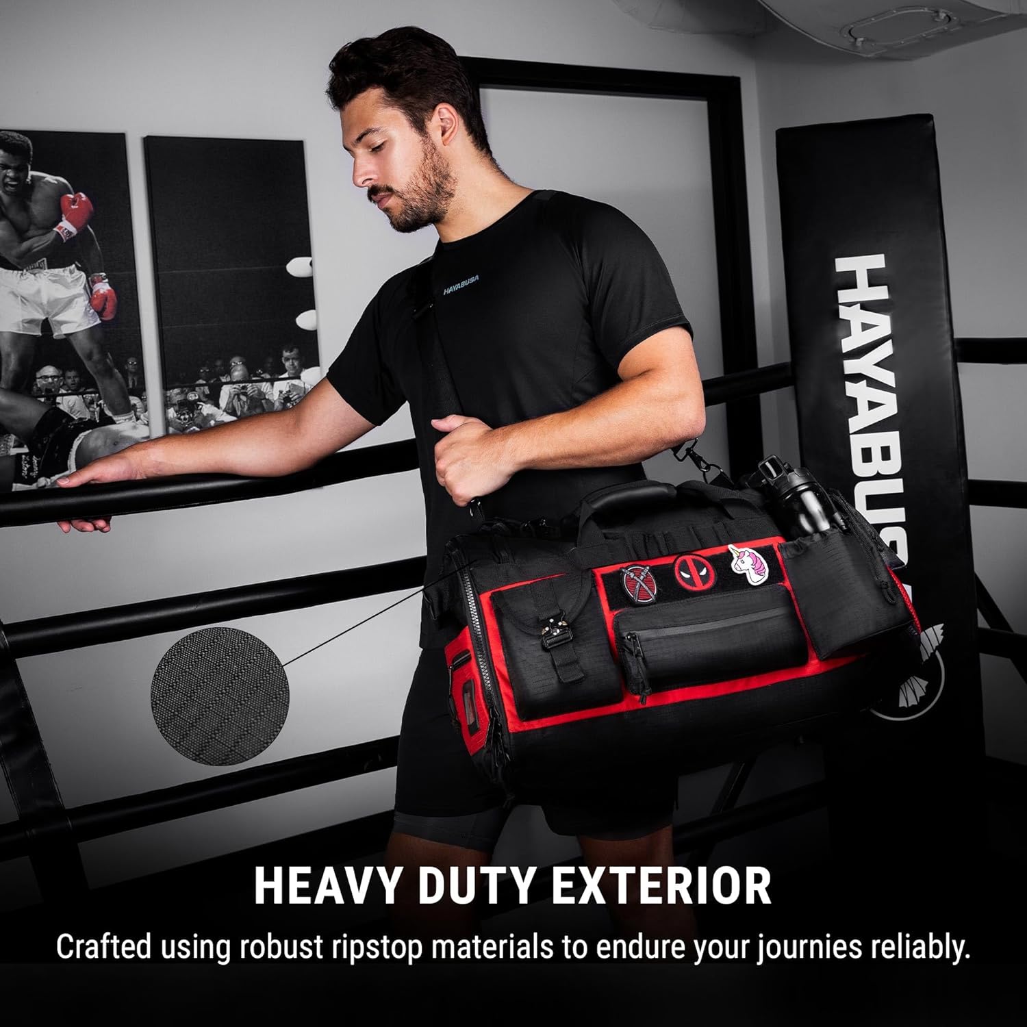 Marvel Deadpool Duffle Bag gym lifestyle shot – OTM Fight Shop