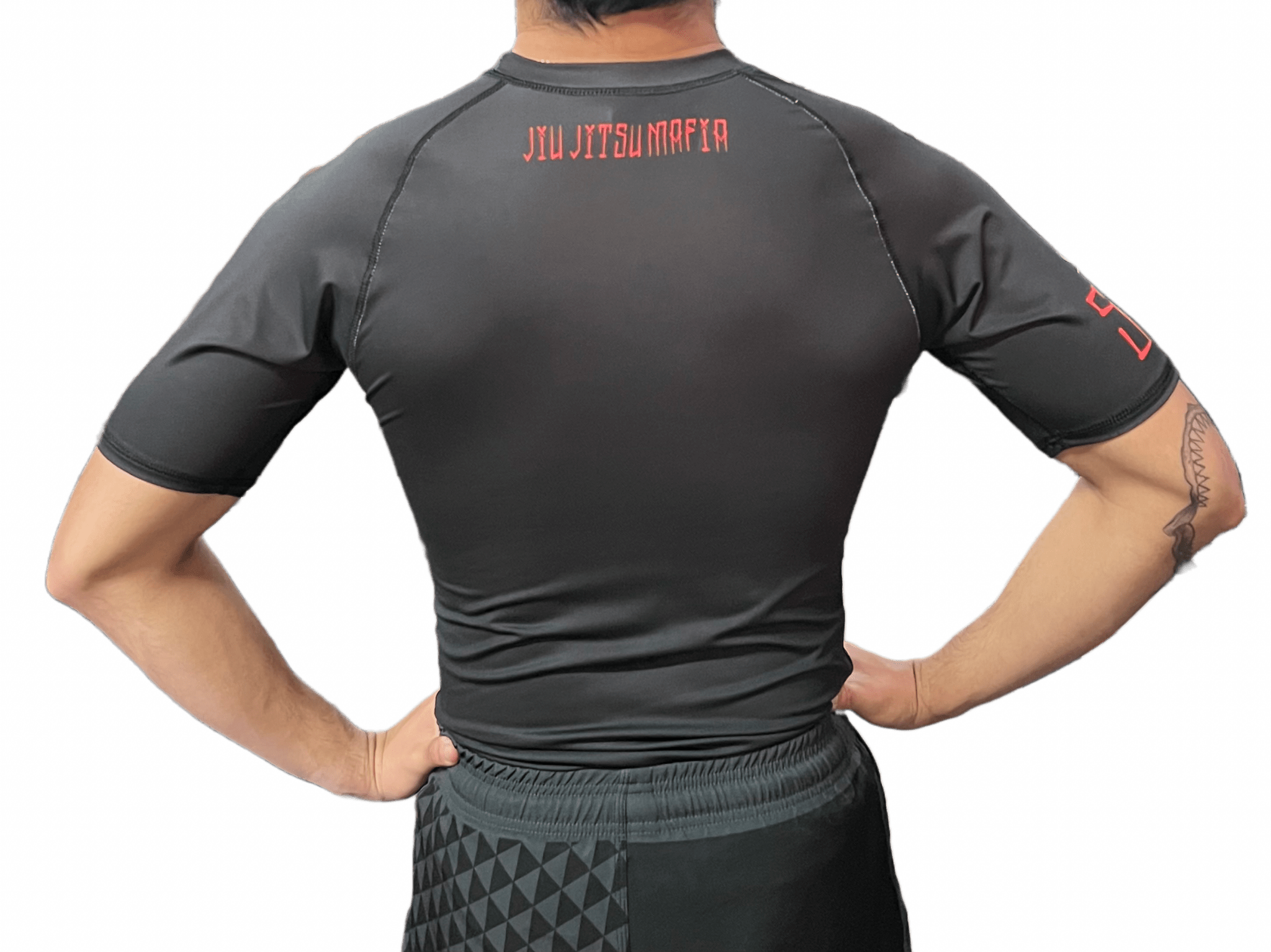 SBMT Vato Choke Dealer Rashguard Back side with fighter wearing it.