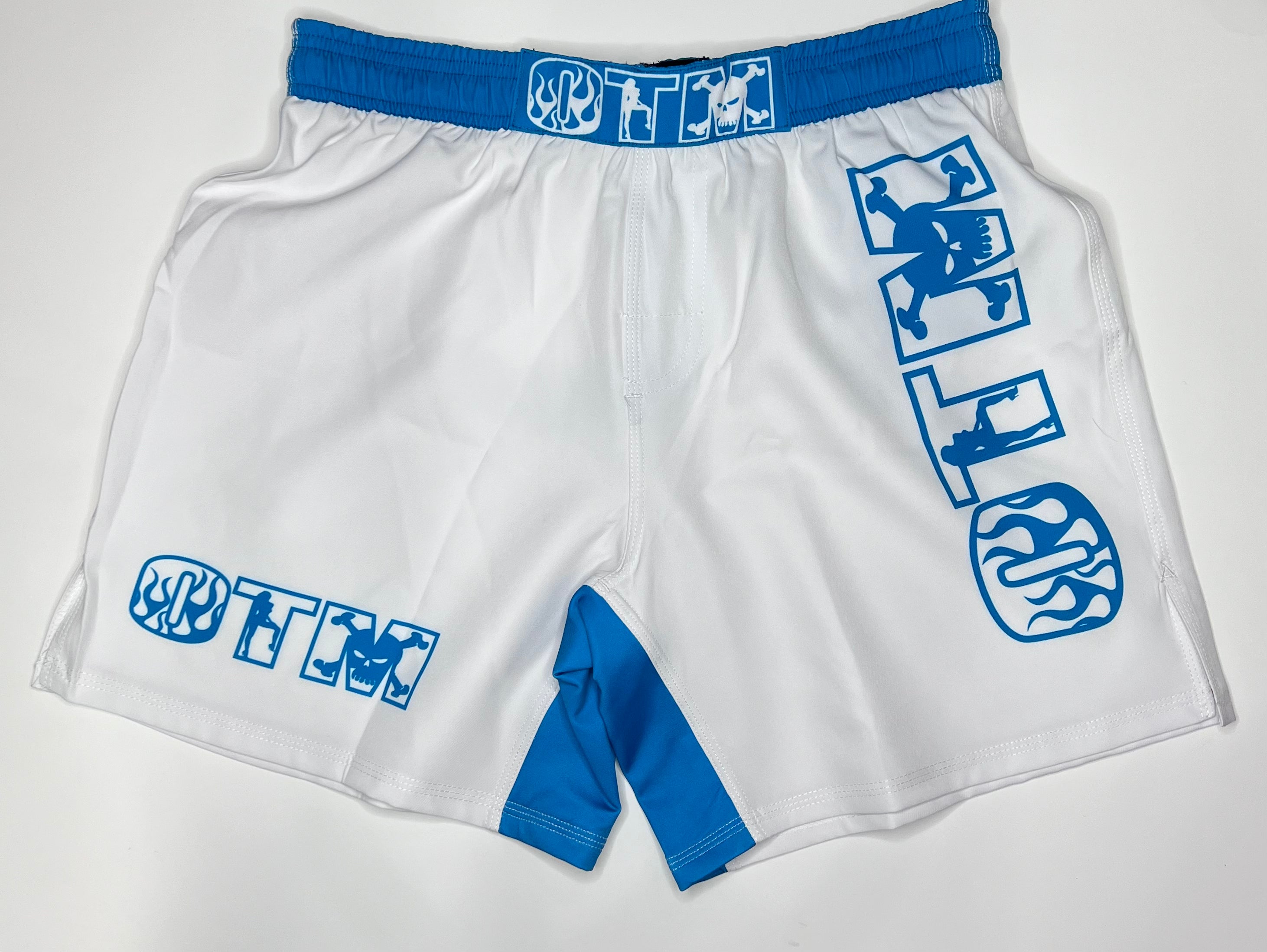 OTM FHS Fight Shorts white with blue detailing, lightweight combat shorts for MMA and grappling