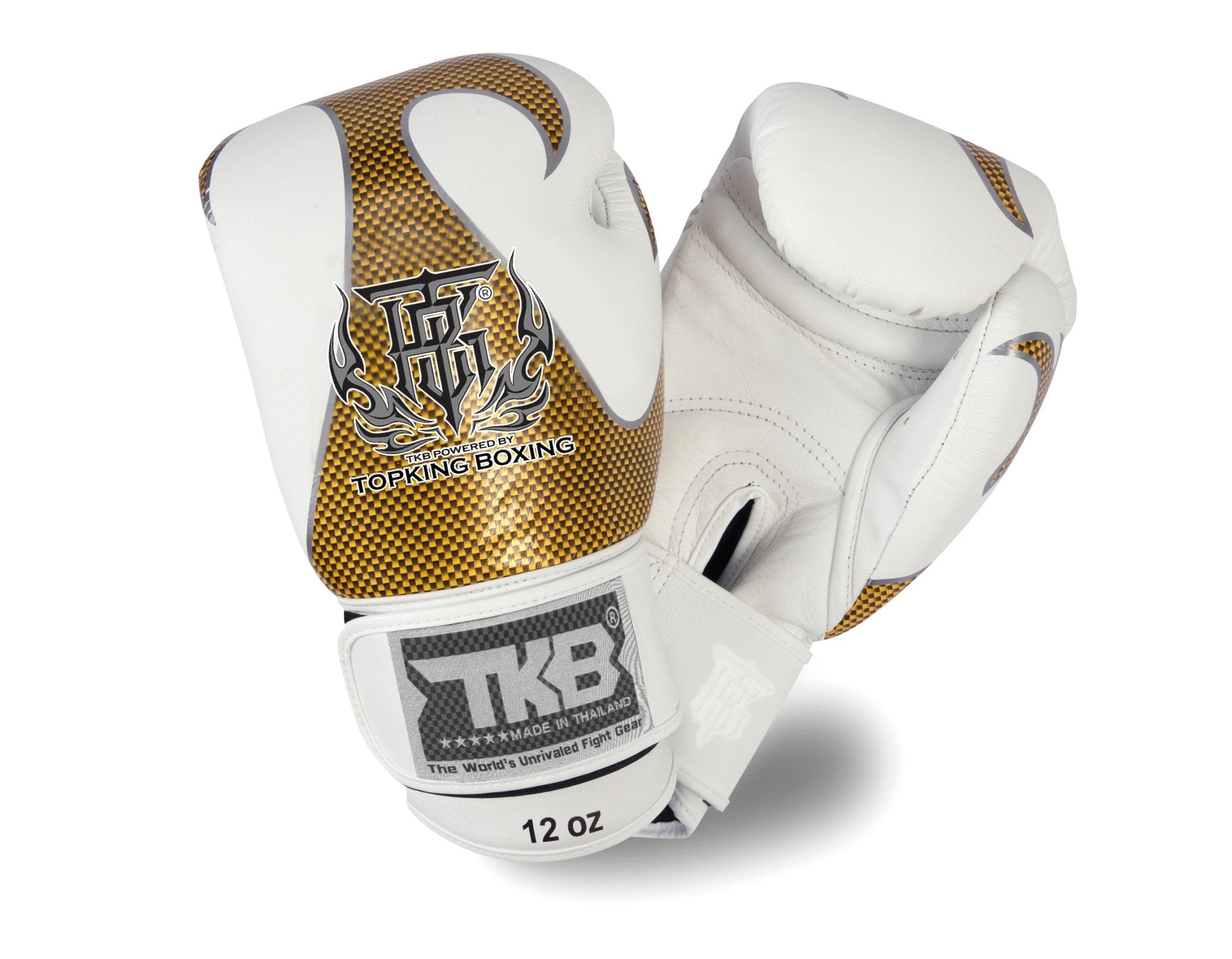 Top King [TKBGEM-01] Empower Creativity white and gold boxing gloves for training and sparring, available at OTM Fight Shop.